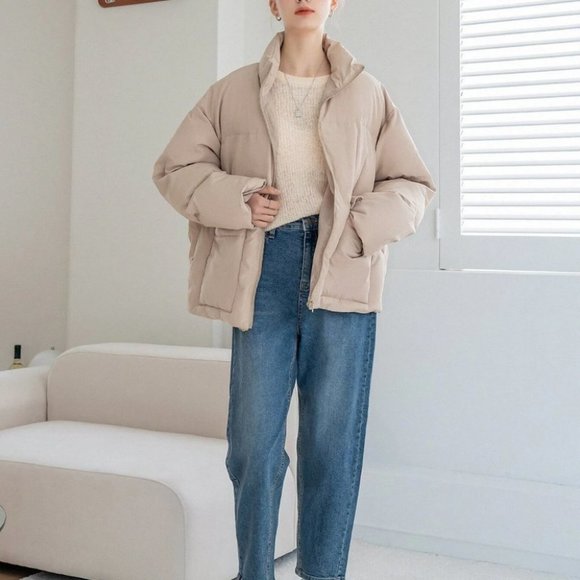 beige Zip up Drawstring Hem Flap Pocket Puffer Coat Comfy fall winter - Picture 6 of 8